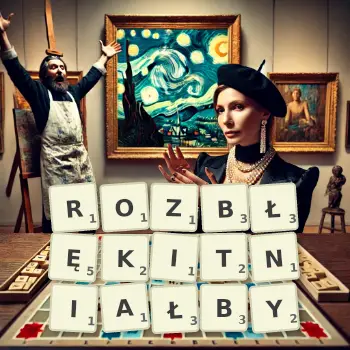 Kreatywna ilustracja do gry w Scrabble ze słowem ROZBŁĘKITNIAŁBY ułożonym z płytek na planszy.
