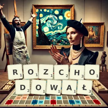 Kreatywna ilustracja do gry w Scrabble ze słowem ROZCHODOWAŁ ułożonym z płytek na planszy.