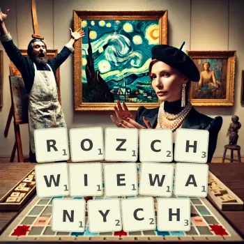 Kreatywna ilustracja do gry w Scrabble ze słowem ROZCHWIEWANYCH ułożonym z płytek na planszy.