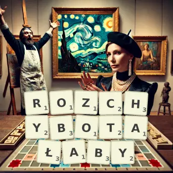 Kreatywna ilustracja do gry w Scrabble ze słowem ROZCHYBOTAŁABY ułożonym z płytek na planszy.