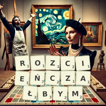 Kreatywna ilustracja do gry w Scrabble ze słowem ROZCIEŃCZAŁBYM ułożonym z płytek na planszy.