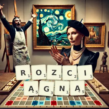 Kreatywna ilustracja do gry w Scrabble ze słowem ROZCIĄGNĄ ułożonym z płytek na planszy.