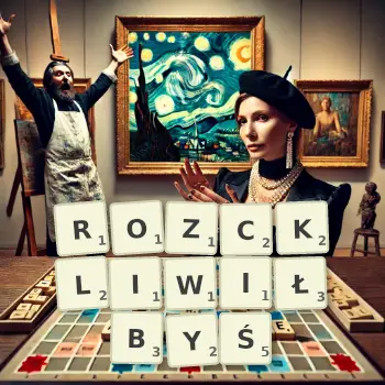Kreatywna ilustracja do gry w Scrabble ze słowem ROZCKLIWIŁBYŚ ułożonym z płytek na planszy.