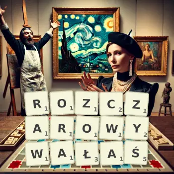 Kreatywna ilustracja do gry w Scrabble ze słowem ROZCZAROWYWAŁAŚ ułożonym z płytek na planszy.