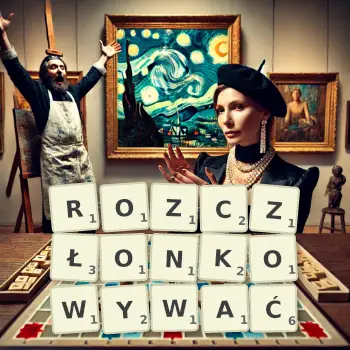 Kreatywna ilustracja do gry w Scrabble ze słowem ROZCZŁONKOWYWAĆ ułożonym z płytek na planszy.