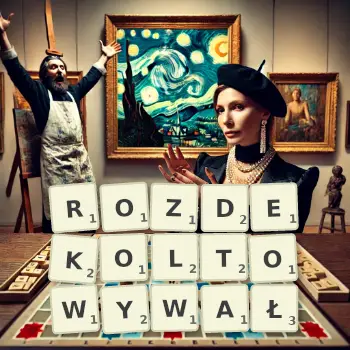 Kreatywna ilustracja do gry w Scrabble ze słowem ROZDEKOLTOWYWAŁ ułożonym z płytek na planszy.