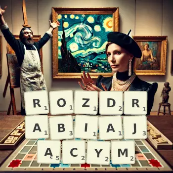 Kreatywna ilustracja do gry w Scrabble ze słowem ROZDRABIAJĄCYM ułożonym z płytek na planszy.