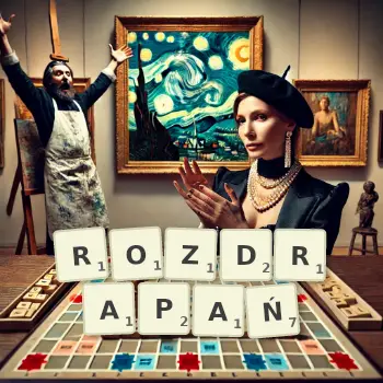 Kreatywna ilustracja do gry w Scrabble ze słowem ROZDRAPAŃ ułożonym z płytek na planszy.