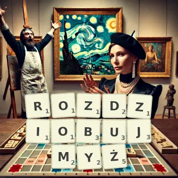 Kreatywna ilustracja do gry w Scrabble ze słowem ROZDZIOBUJMYŻ ułożonym z płytek na planszy.