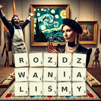 Kreatywna ilustracja do gry w Scrabble ze słowem ROZDZWANIALIŚMY ułożonym z płytek na planszy.