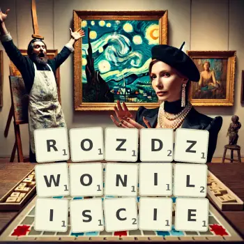 Kreatywna ilustracja do gry w Scrabble ze słowem ROZDZWONILISCIE ułożonym z płytek na planszy.