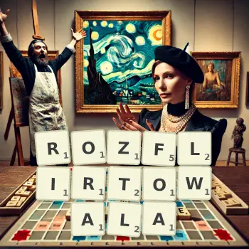 Kreatywna ilustracja do gry w Scrabble ze słowem ROZFLIRTOWALA ułożonym z płytek na planszy.