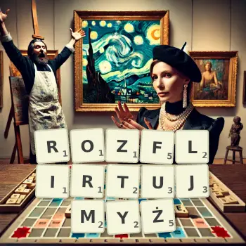 Kreatywna ilustracja do gry w Scrabble ze słowem ROZFLIRTUJMYŻ ułożonym z płytek na planszy.