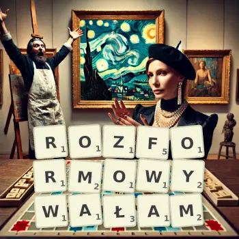 Kreatywna ilustracja do gry w Scrabble ze słowem ROZFORMOWYWAŁAM ułożonym z płytek na planszy.