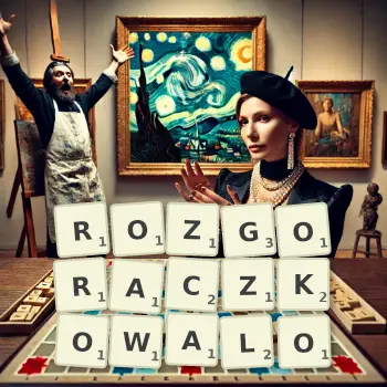 Kreatywna ilustracja do gry w Scrabble ze słowem ROZGORACZKOWALO ułożonym z płytek na planszy.