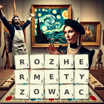 Kreatywna ilustracja do gry w Scrabble ze słowem ROZHERMETYZOWAC ułożonym z płytek na planszy.
