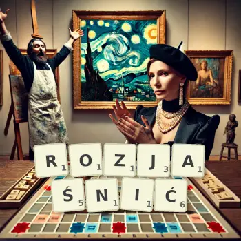 Kreatywna ilustracja do gry w Scrabble ze słowem ROZJAŚNIĆ ułożonym z płytek na planszy.