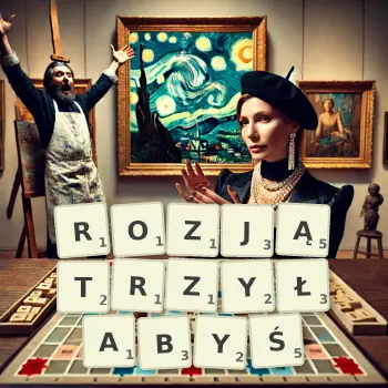 Kreatywna ilustracja do gry w Scrabble ze słowem ROZJĄTRZYŁABYŚ ułożonym z płytek na planszy.