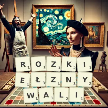 Kreatywna ilustracja do gry w Scrabble ze słowem ROZKIEŁZNYWALI ułożonym z płytek na planszy.