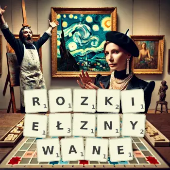 Kreatywna ilustracja do gry w Scrabble ze słowem ROZKIEŁZNYWANE ułożonym z płytek na planszy.