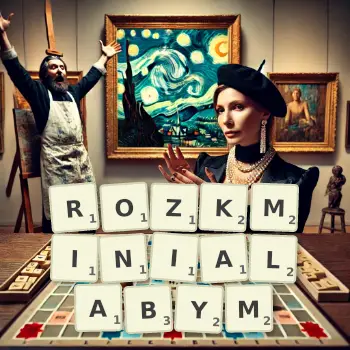 Kreatywna ilustracja do gry w Scrabble ze słowem ROZKMINIALABYM ułożonym z płytek na planszy.