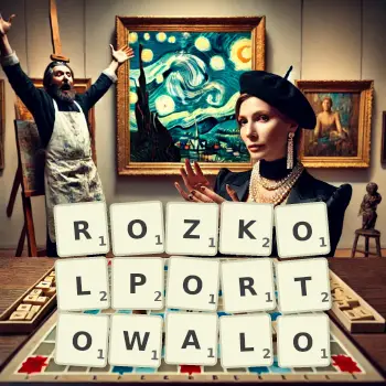 Kreatywna ilustracja do gry w Scrabble ze słowem ROZKOLPORTOWALO ułożonym z płytek na planszy.