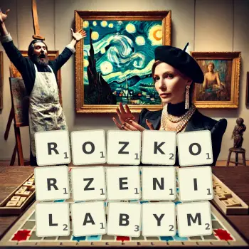 Kreatywna ilustracja do gry w Scrabble ze słowem ROZKORZENILABYM ułożonym z płytek na planszy.