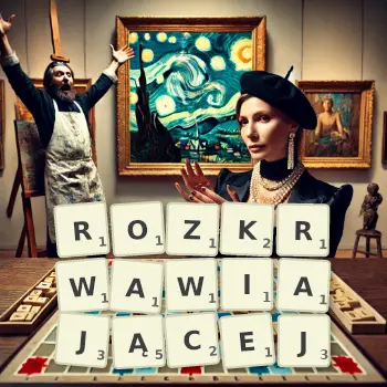 Kreatywna ilustracja do gry w Scrabble ze słowem ROZKRWAWIAJĄCEJ ułożonym z płytek na planszy.