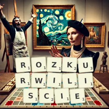 Kreatywna ilustracja do gry w Scrabble ze słowem ROZKURWILISCIE ułożonym z płytek na planszy.