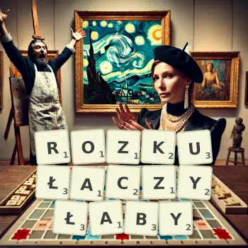 Kreatywna ilustracja do gry w Scrabble ze słowem ROZKUŁACZYŁABY ułożonym z płytek na planszy.