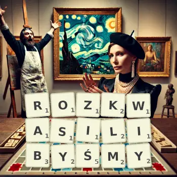 Kreatywna ilustracja do gry w Scrabble ze słowem ROZKWASILIBYŚMY ułożonym z płytek na planszy.