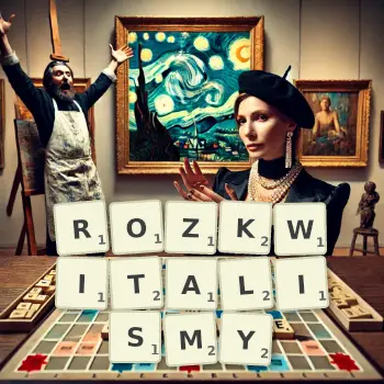 Kreatywna ilustracja do gry w Scrabble ze słowem ROZKWITALISMY ułożonym z płytek na planszy.