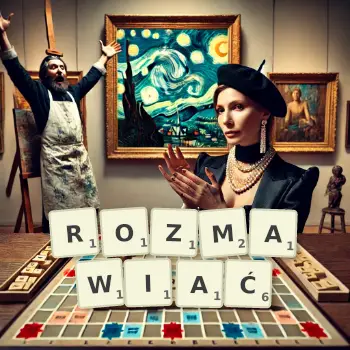 Kreatywna ilustracja do gry w Scrabble ze słowem ROZMAWIAĆ ułożonym z płytek na planszy.