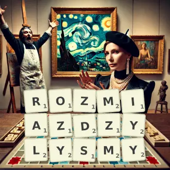 Kreatywna ilustracja do gry w Scrabble ze słowem ROZMIAZDZYLYSMY ułożonym z płytek na planszy.