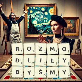 Kreatywna ilustracja do gry w Scrabble ze słowem ROZMODLIŁYBYŚMY ułożonym z płytek na planszy.