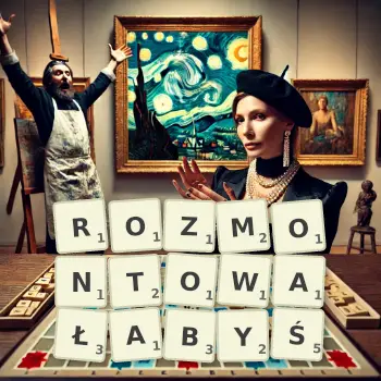 Kreatywna ilustracja do gry w Scrabble ze słowem ROZMONTOWAŁABYŚ ułożonym z płytek na planszy.