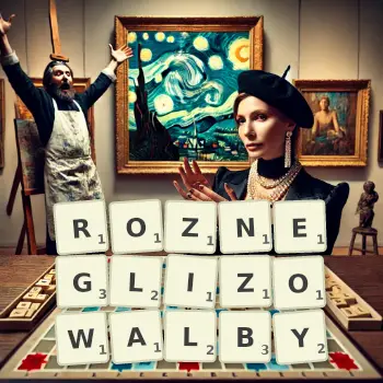 Kreatywna ilustracja do gry w Scrabble ze słowem ROZNEGLIZOWALBY ułożonym z płytek na planszy.