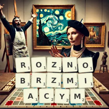 Kreatywna ilustracja do gry w Scrabble ze słowem ROZNOBRZMIACYM ułożonym z płytek na planszy.