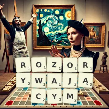 Kreatywna ilustracja do gry w Scrabble ze słowem ROZORYWAJĄCYM ułożonym z płytek na planszy.