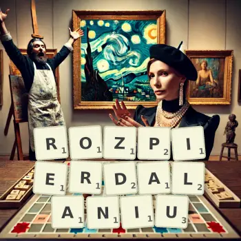 Kreatywna ilustracja do gry w Scrabble ze słowem ROZPIERDALANIU ułożonym z płytek na planszy.