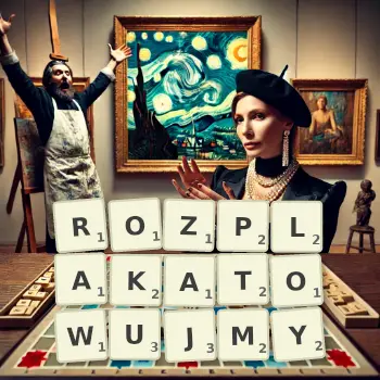 Kreatywna ilustracja do gry w Scrabble ze słowem ROZPLAKATOWUJMY ułożonym z płytek na planszy.