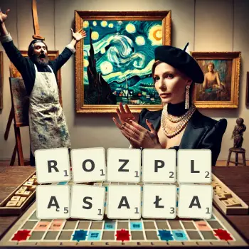 Kreatywna ilustracja do gry w Scrabble ze słowem ROZPLĄSAŁA ułożonym z płytek na planszy.
