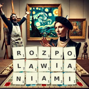 Kreatywna ilustracja do gry w Scrabble ze słowem ROZPOLAWIANIAMI ułożonym z płytek na planszy.