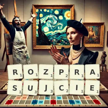 Kreatywna ilustracja do gry w Scrabble ze słowem ROZPRASUJCIE ułożonym z płytek na planszy.