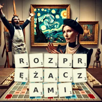 Kreatywna ilustracja do gry w Scrabble ze słowem ROZPRĘŻACZAMI ułożonym z płytek na planszy.