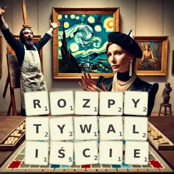 Kreatywna ilustracja do gry w Scrabble ze słowem ROZPYTYWALIŚCIE ułożonym z płytek na planszy.