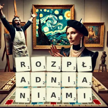 Kreatywna ilustracja do gry w Scrabble ze słowem ROZPŁADNIANIAMI ułożonym z płytek na planszy.