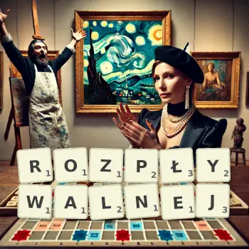 Kreatywna ilustracja do gry w Scrabble ze słowem ROZPŁYWALNEJ ułożonym z płytek na planszy.
