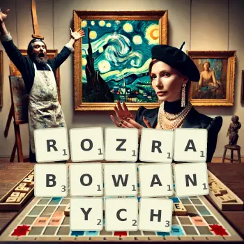 Kreatywna ilustracja do gry w Scrabble ze słowem ROZRABOWANYCH ułożonym z płytek na planszy.