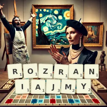 Kreatywna ilustracja do gry w Scrabble ze słowem ROZRANIAJMY ułożonym z płytek na planszy.